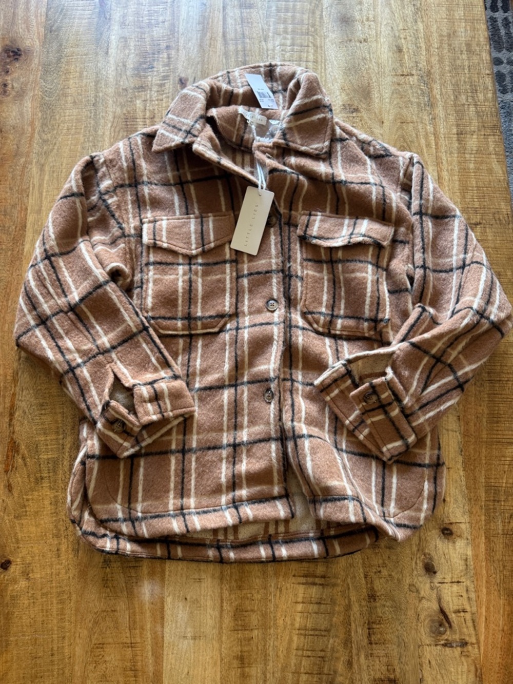 Little Lies Plaid Shacket Jacket in Camel Brown check 50% wool blend NEW NWT